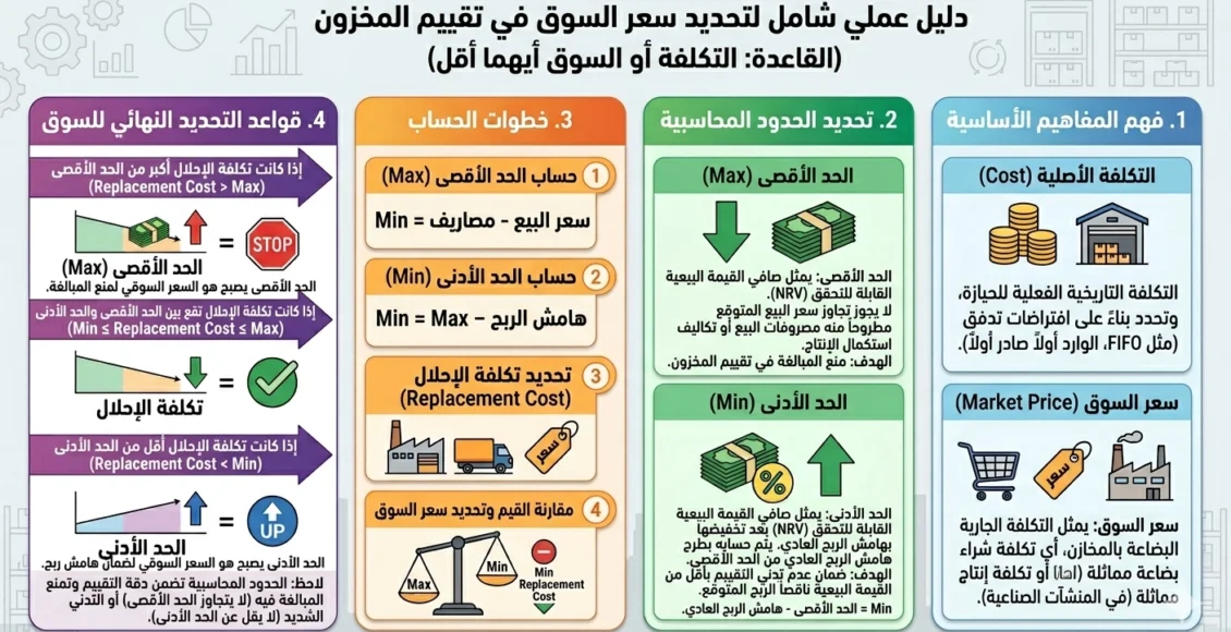 قاعدة التكلفة أو السوق أيهما أقل (LCM): شرح شامل مع أمثلة عملية لتقييم المخزون